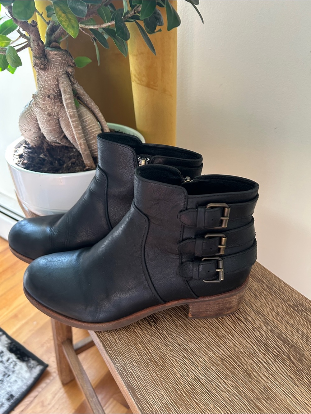 UGG Volta Black Leather triple buckle motto Ankle Booties
